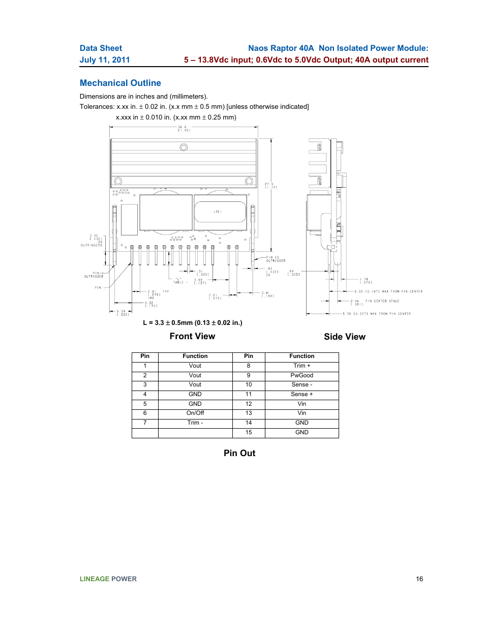 Mechanical outline, Pin out front view side view | GE Industrial Solutions Naos Raptor 40A User Manual | Page 16 / 18