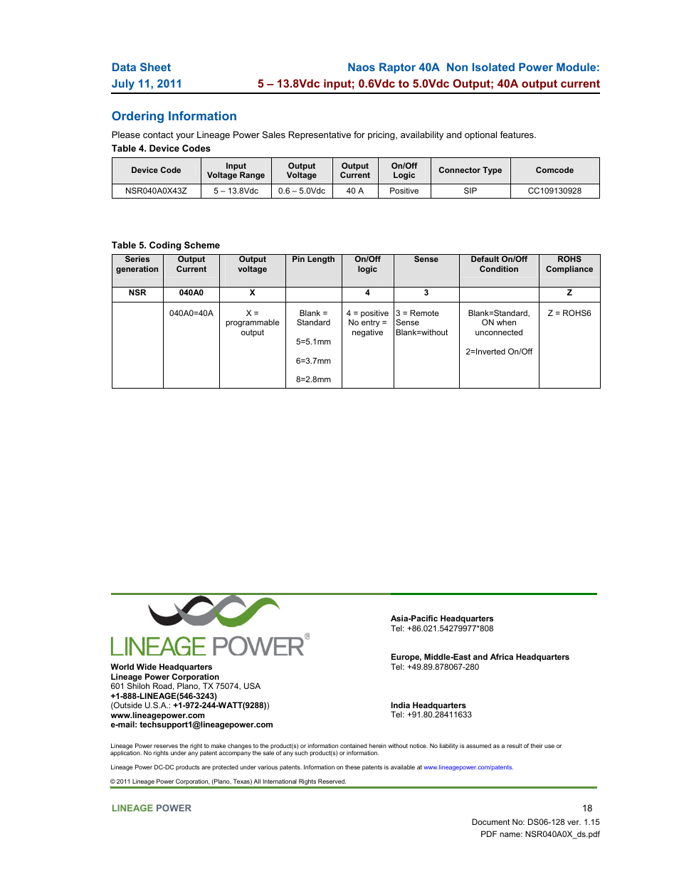 Ordering information | GE Industrial Solutions Naos Raptor 40A User Manual | Page 18 / 18