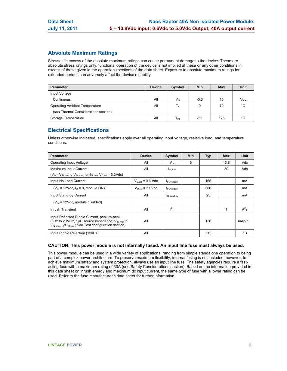 Absolute maximum ratings, Electrical specifications | GE Industrial Solutions Naos Raptor 40A User Manual | Page 2 / 18