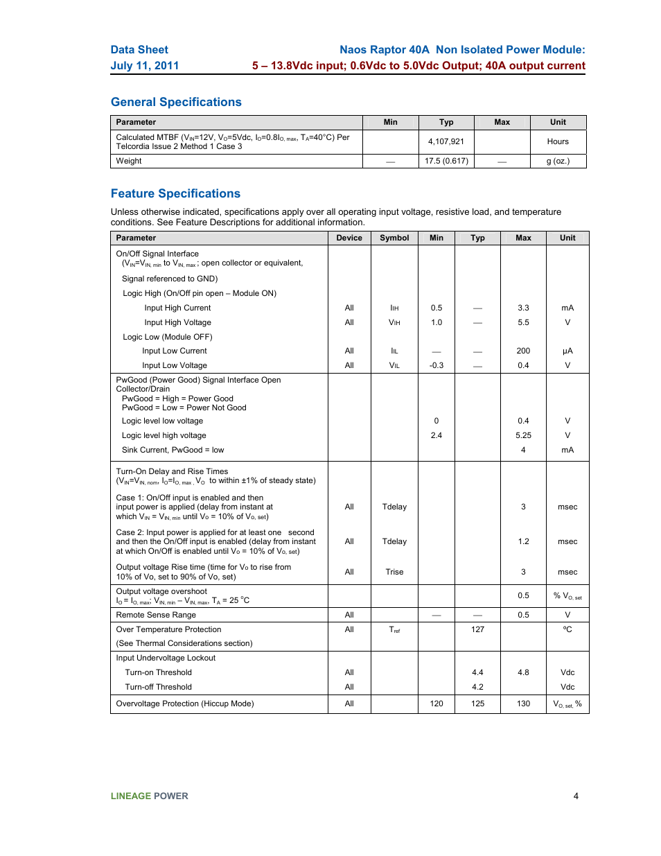 General specifications, Feature specifications | GE Industrial Solutions Naos Raptor 40A User Manual | Page 4 / 18