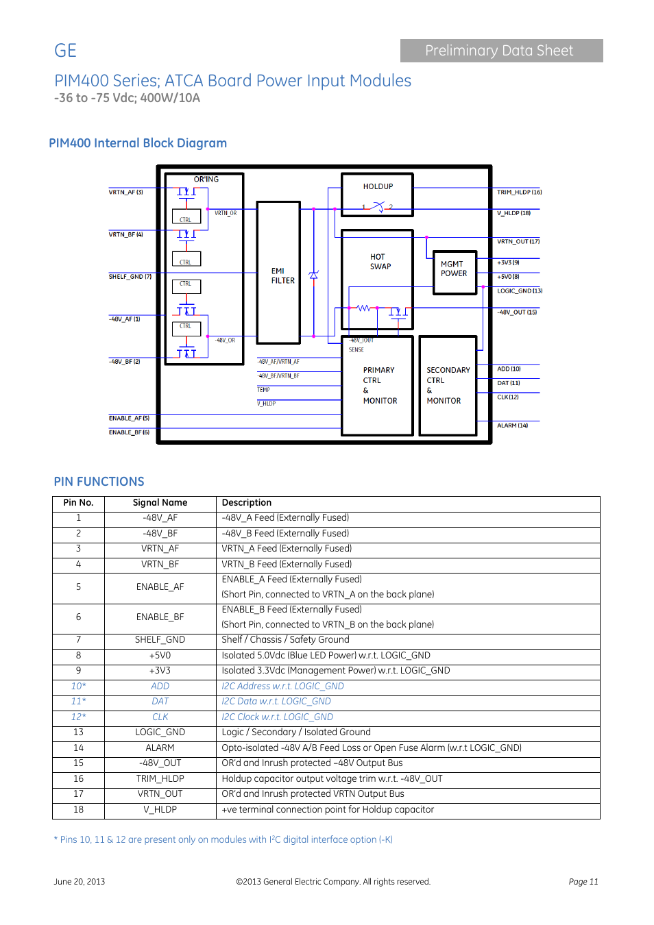 Pim400 series; atca board power input modules, Preliminary data sheet, Pim400 internal block diagram | Pin functions | GE Industrial Solutions PIM400 Series User Manual | Page 11 / 20