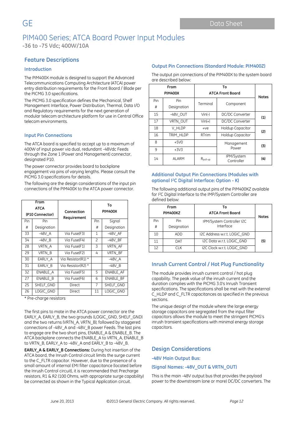 Pim400 series; atca board power input modules, Data sheet, Feature descriptions | Design considerations, Inrush current control / hot plug functionality | GE Industrial Solutions PIM400 Series User Manual | Page 12 / 20