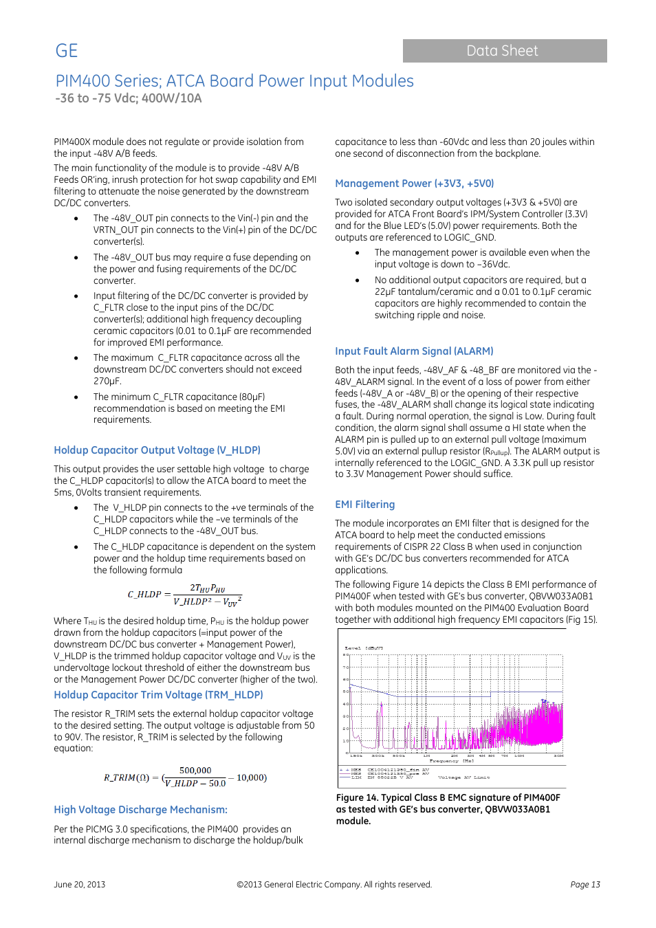 Pim400 series; atca board power input modules, Data sheet | GE Industrial Solutions PIM400 Series User Manual | Page 13 / 20