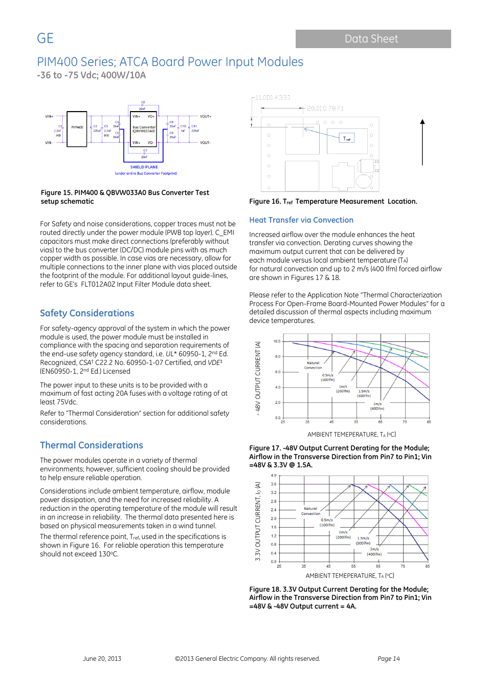 Pim400 series; atca board power input modules, Data sheet, Safety considerations | Thermal considerations | GE Industrial Solutions PIM400 Series User Manual | Page 14 / 20