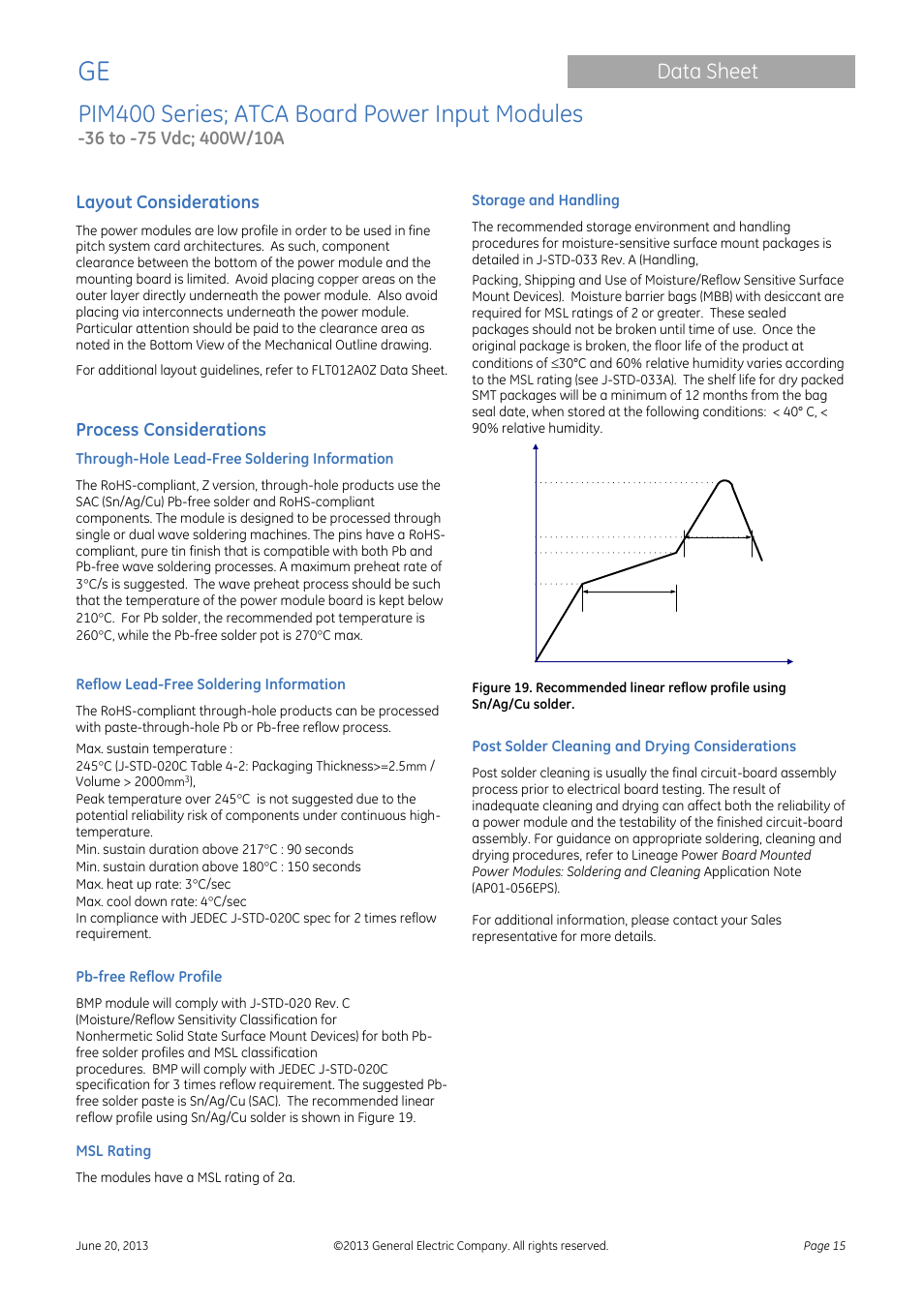 Pim400 series; atca board power input modules, Data sheet, Layout considerations | Process considerations | GE Industrial Solutions PIM400 Series User Manual | Page 15 / 20