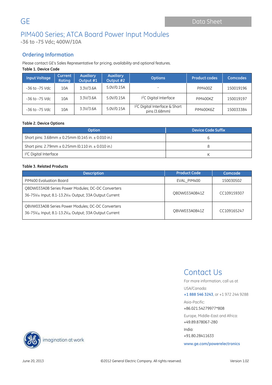 Contact us, Pim400 series; atca board power input modules, Data sheet | Ordering information | GE Industrial Solutions PIM400 Series User Manual | Page 20 / 20