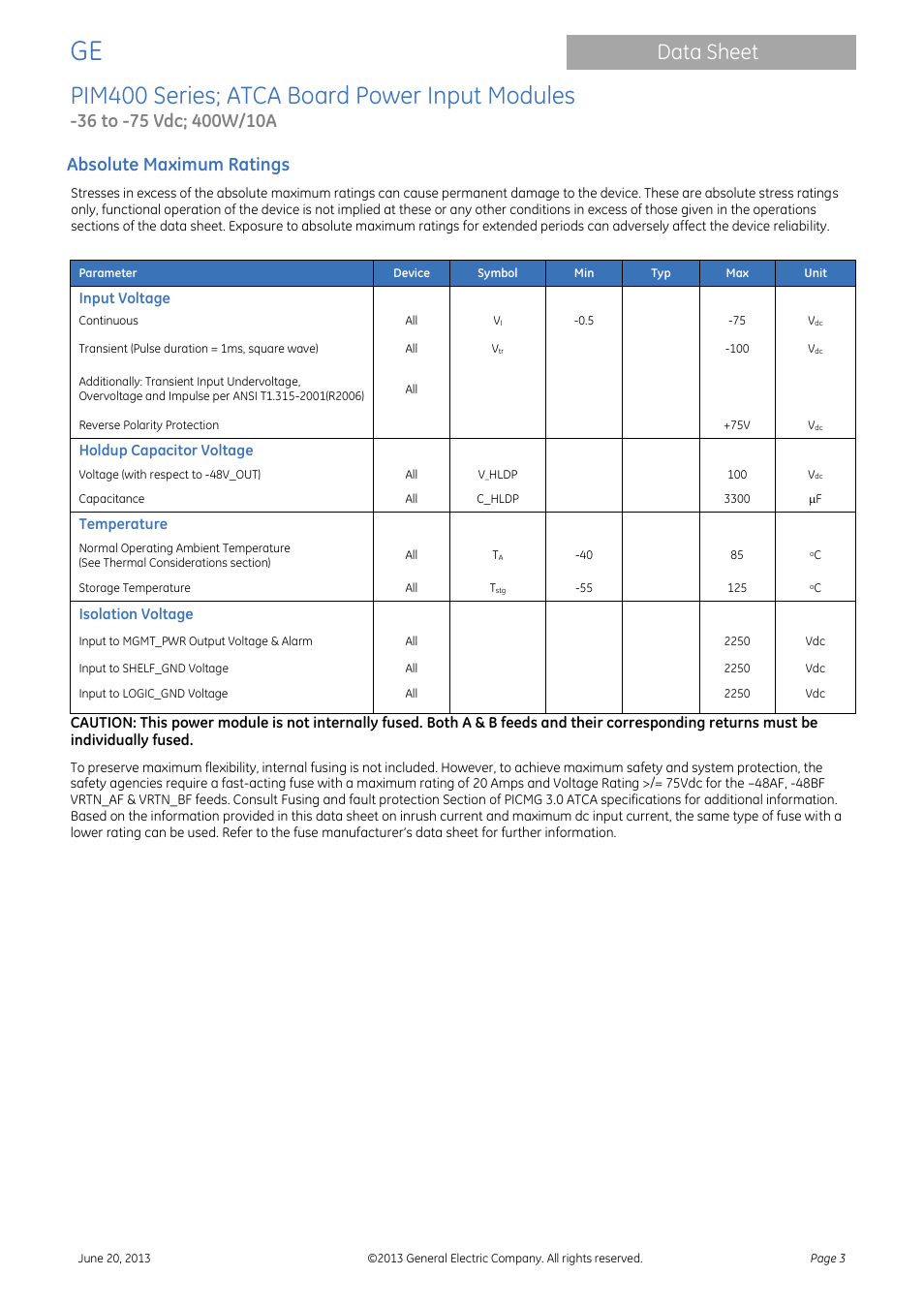 Pim400 series; atca board power input modules, Data sheet, Absolute maximum ratings | GE Industrial Solutions PIM400 Series User Manual | Page 3 / 20