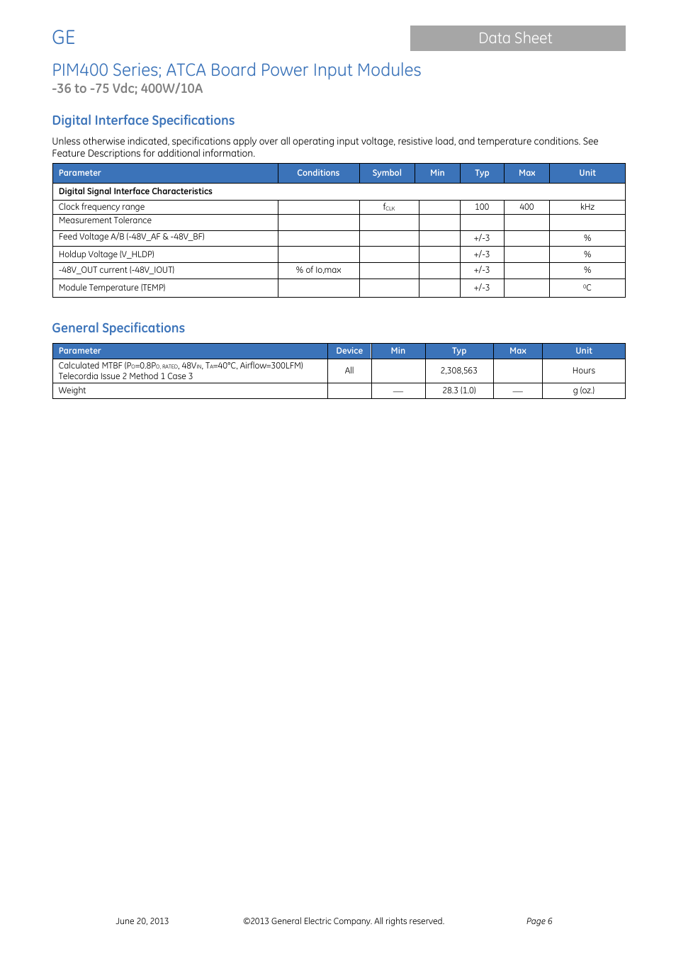 Pim400 series; atca board power input modules, Data sheet, Digital interface specifications | General specifications | GE Industrial Solutions PIM400 Series User Manual | Page 6 / 20