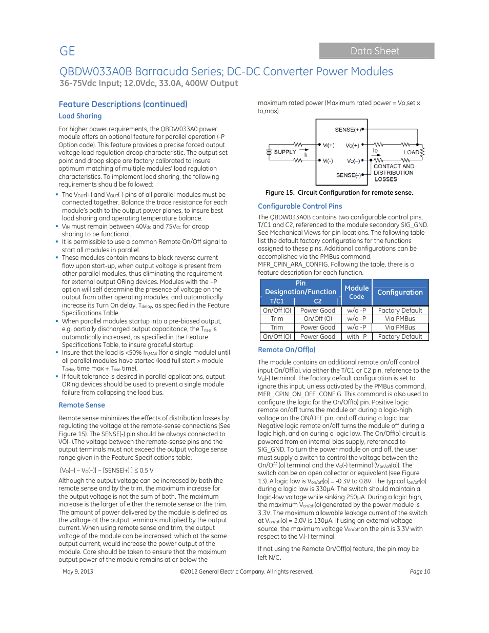 Data sheet, Feature descriptions (continued) | GE Industrial Solutions QBDW033A0B Barracuda Series User Manual | Page 10 / 32