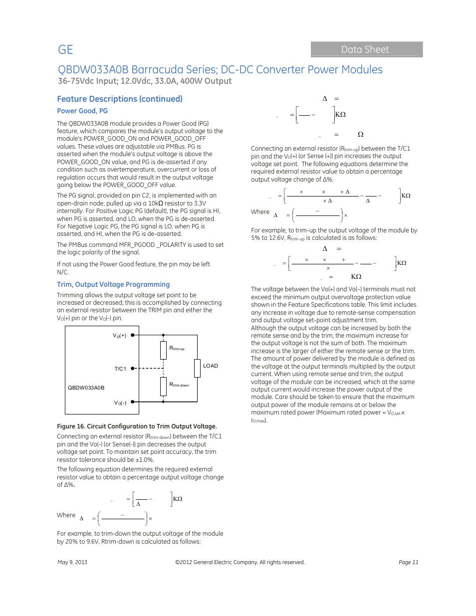 Data sheet, Feature descriptions (continued) | GE Industrial Solutions QBDW033A0B Barracuda Series User Manual | Page 11 / 32