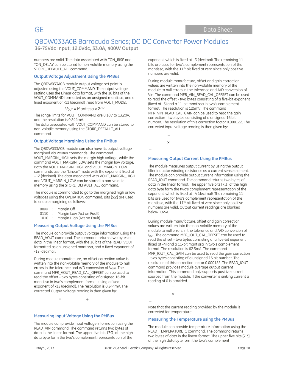 Data sheet | GE Industrial Solutions QBDW033A0B Barracuda Series User Manual | Page 18 / 32
