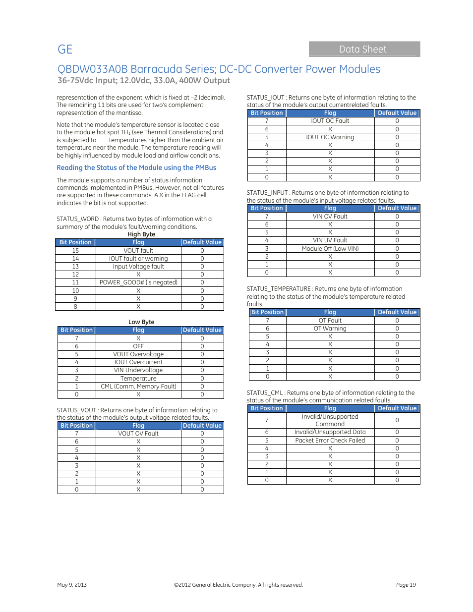 Data sheet | GE Industrial Solutions QBDW033A0B Barracuda Series User Manual | Page 19 / 32