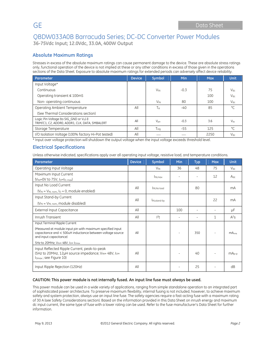Data sheet, Absolute maximum ratings, Electrical specifications | GE Industrial Solutions QBDW033A0B Barracuda Series User Manual | Page 2 / 32