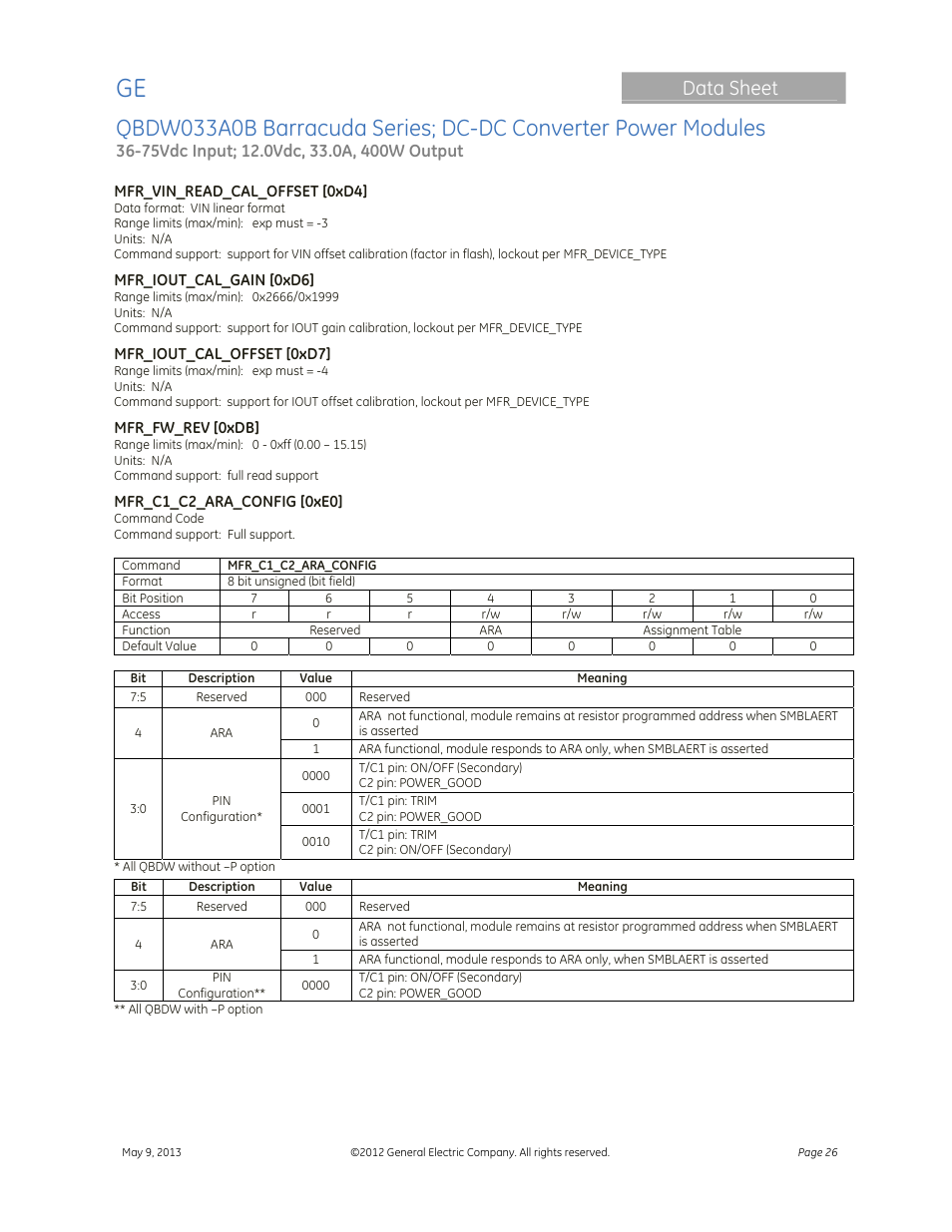 Data sheet | GE Industrial Solutions QBDW033A0B Barracuda Series User Manual | Page 26 / 32