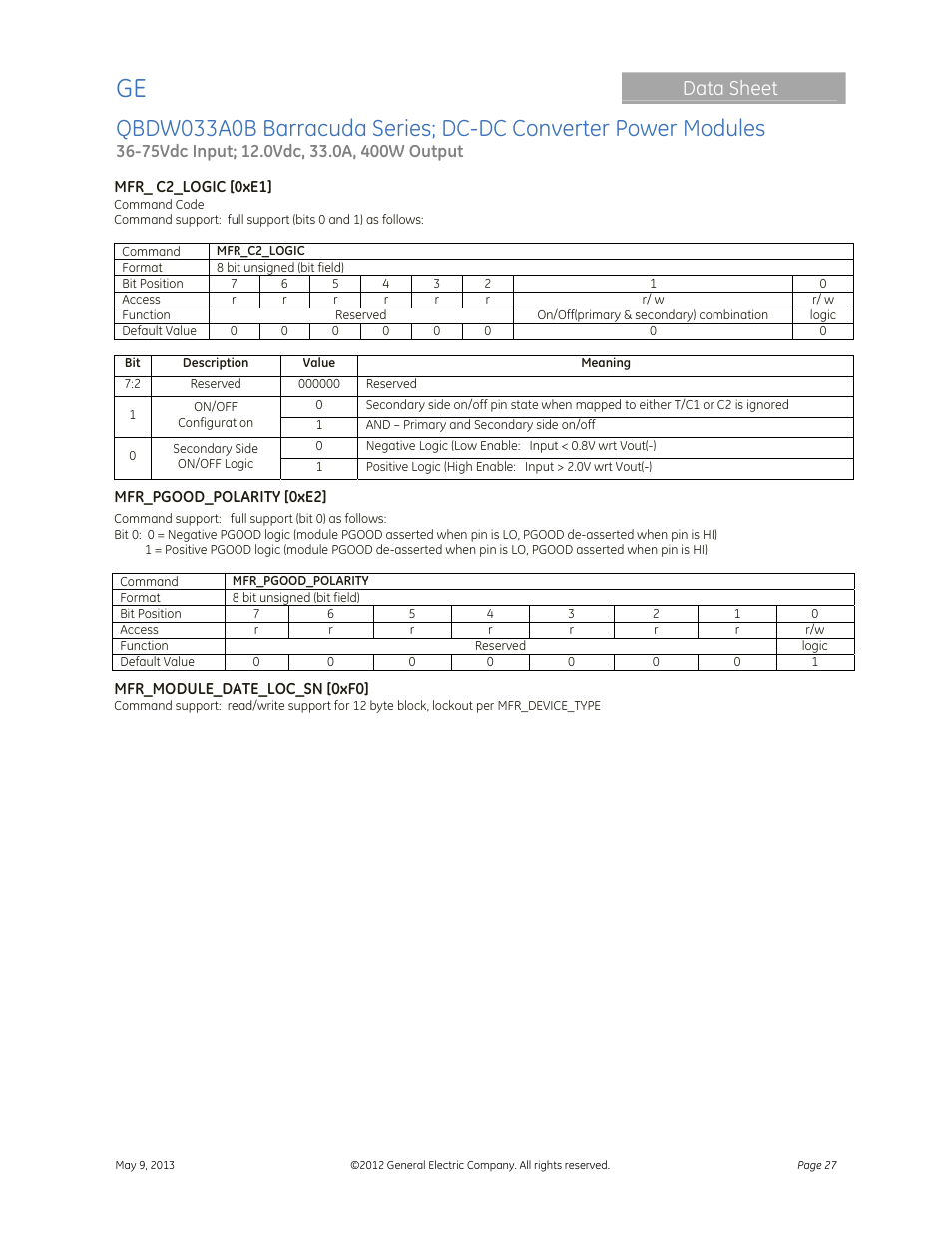 Data sheet | GE Industrial Solutions QBDW033A0B Barracuda Series User Manual | Page 27 / 32