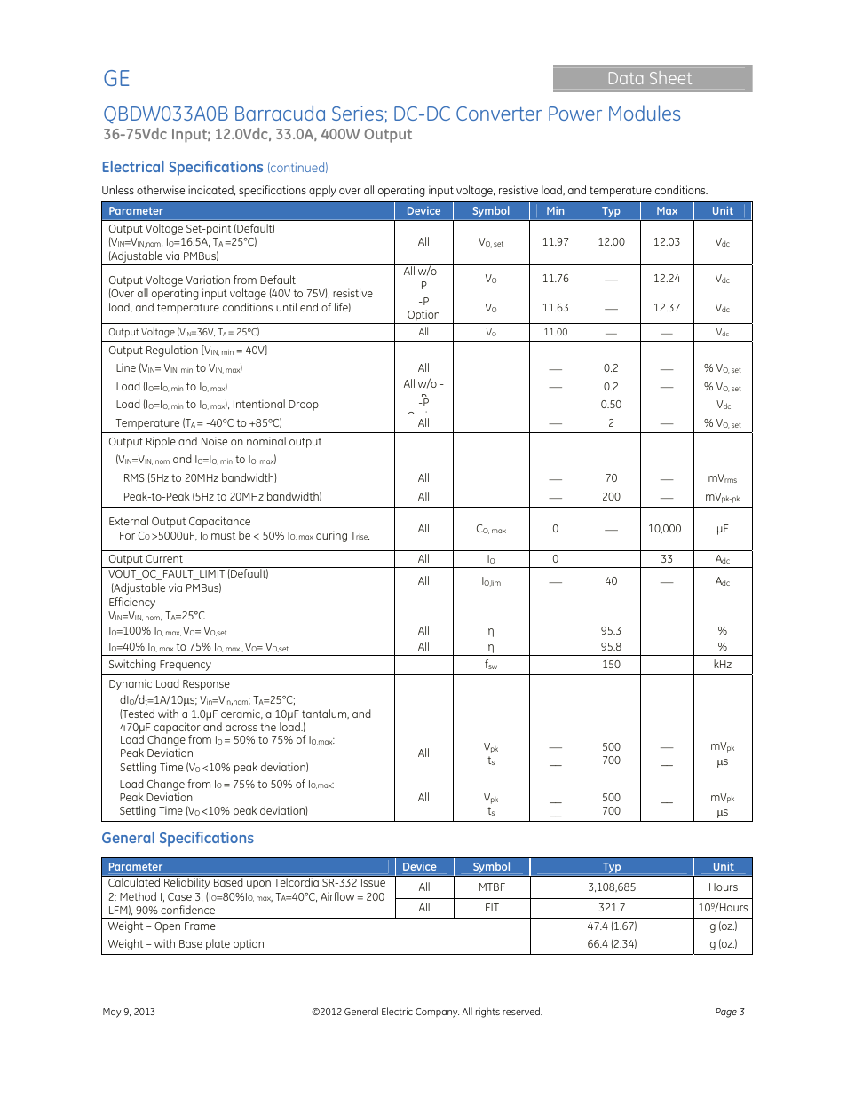 Data sheet, Electrical specifications, General specifications | GE Industrial Solutions QBDW033A0B Barracuda Series User Manual | Page 3 / 32