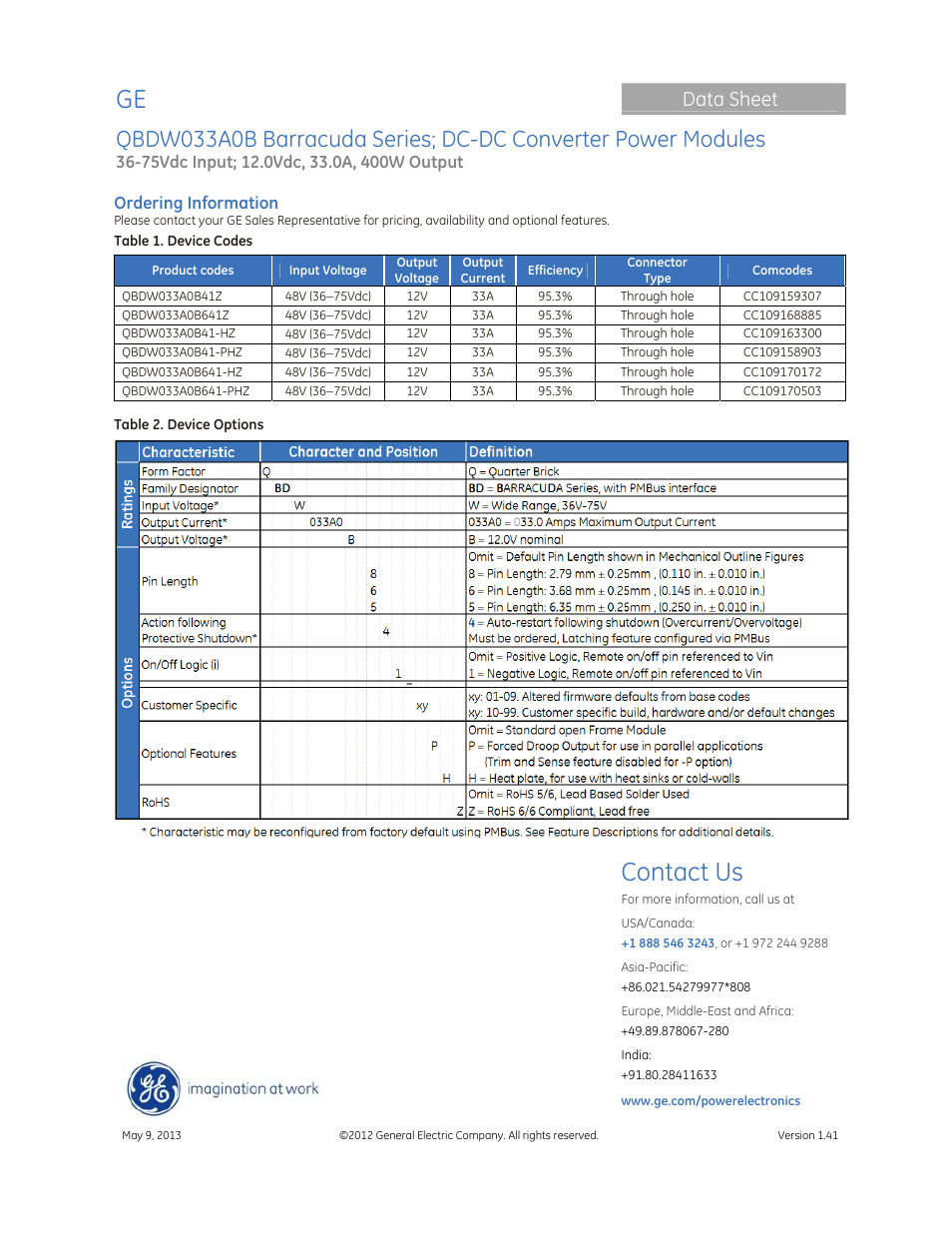 Contact us, Data sheet | GE Industrial Solutions QBDW033A0B Barracuda Series User Manual | Page 32 / 32