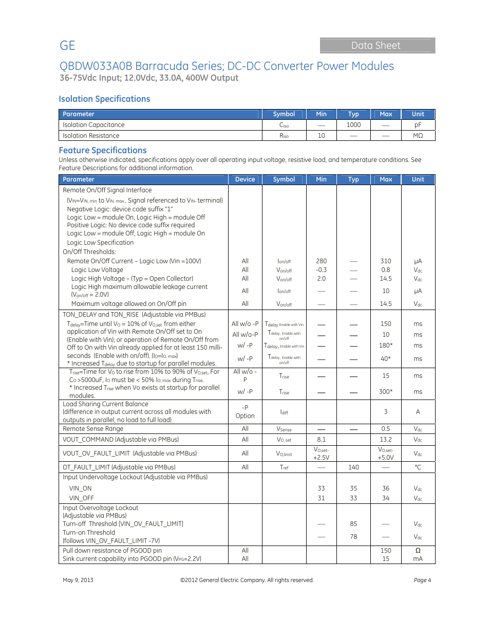 Data sheet, Isolation specifications, Feature specifications | GE Industrial Solutions QBDW033A0B Barracuda Series User Manual | Page 4 / 32
