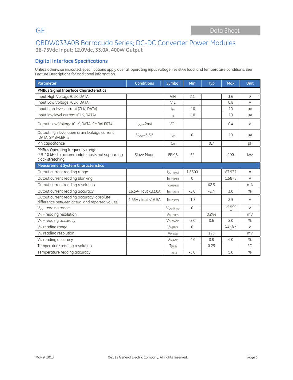 Data sheet, Digital interface specifications | GE Industrial Solutions QBDW033A0B Barracuda Series User Manual | Page 5 / 32