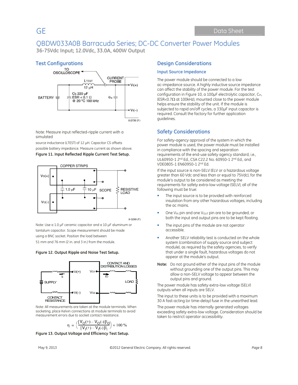 Data sheet, Test configurations, Design considerations | Safety considerations | GE Industrial Solutions QBDW033A0B Barracuda Series User Manual | Page 8 / 32