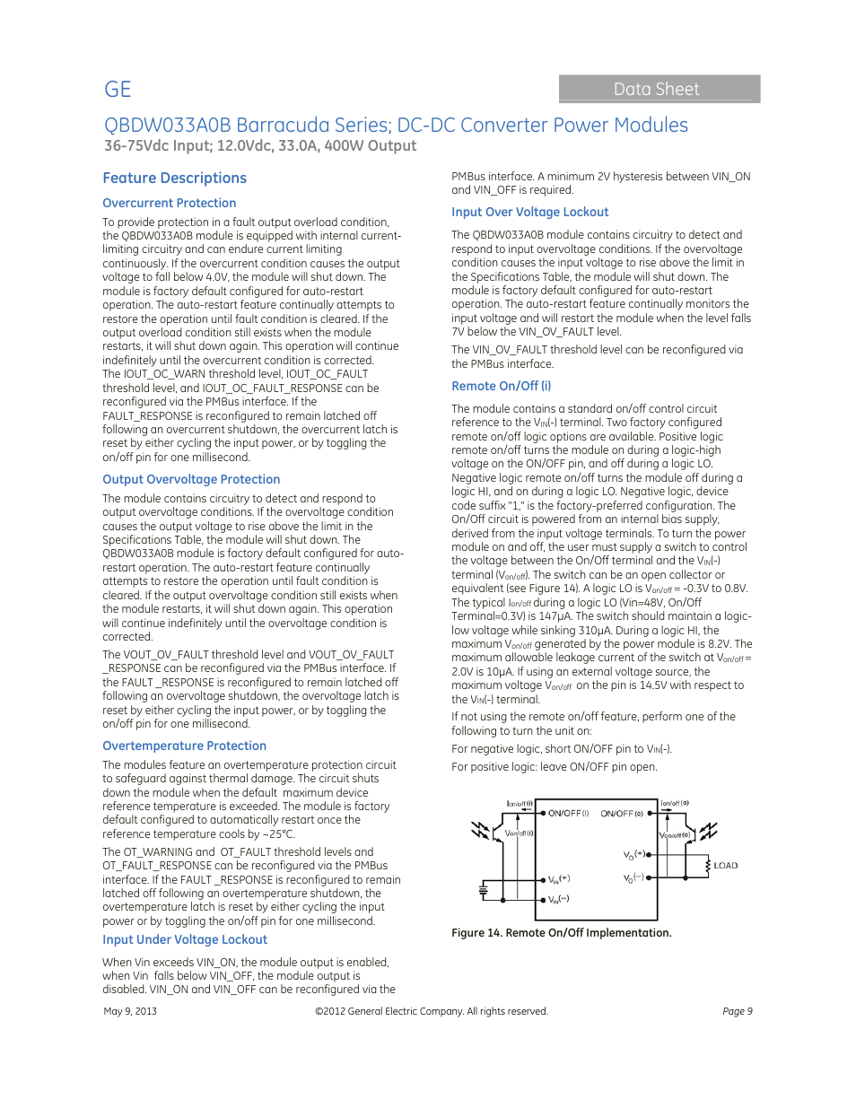 Data sheet, Feature descriptions | GE Industrial Solutions QBDW033A0B Barracuda Series User Manual | Page 9 / 32
