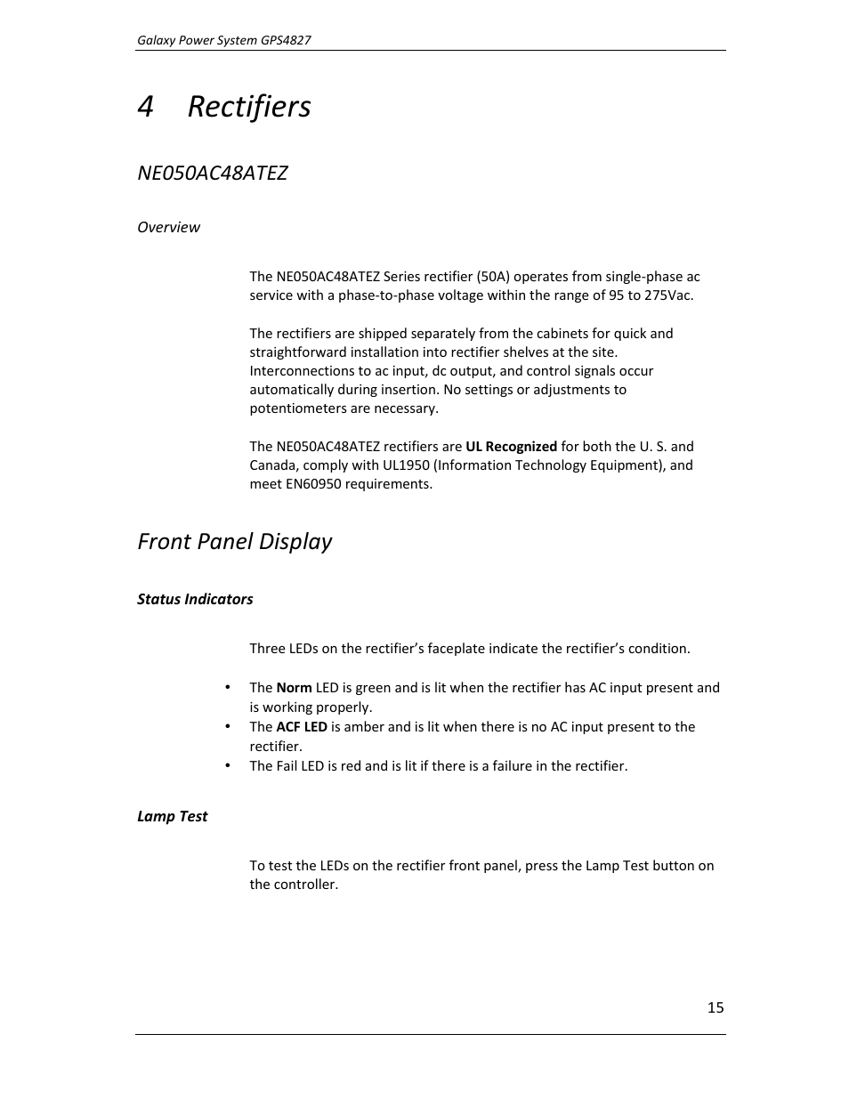 Rectifiers, Ne050ac48atez, 4 rectifiers | Front panel display | GE Industrial Solutions GPS4827 User Manual | Page 17 / 100