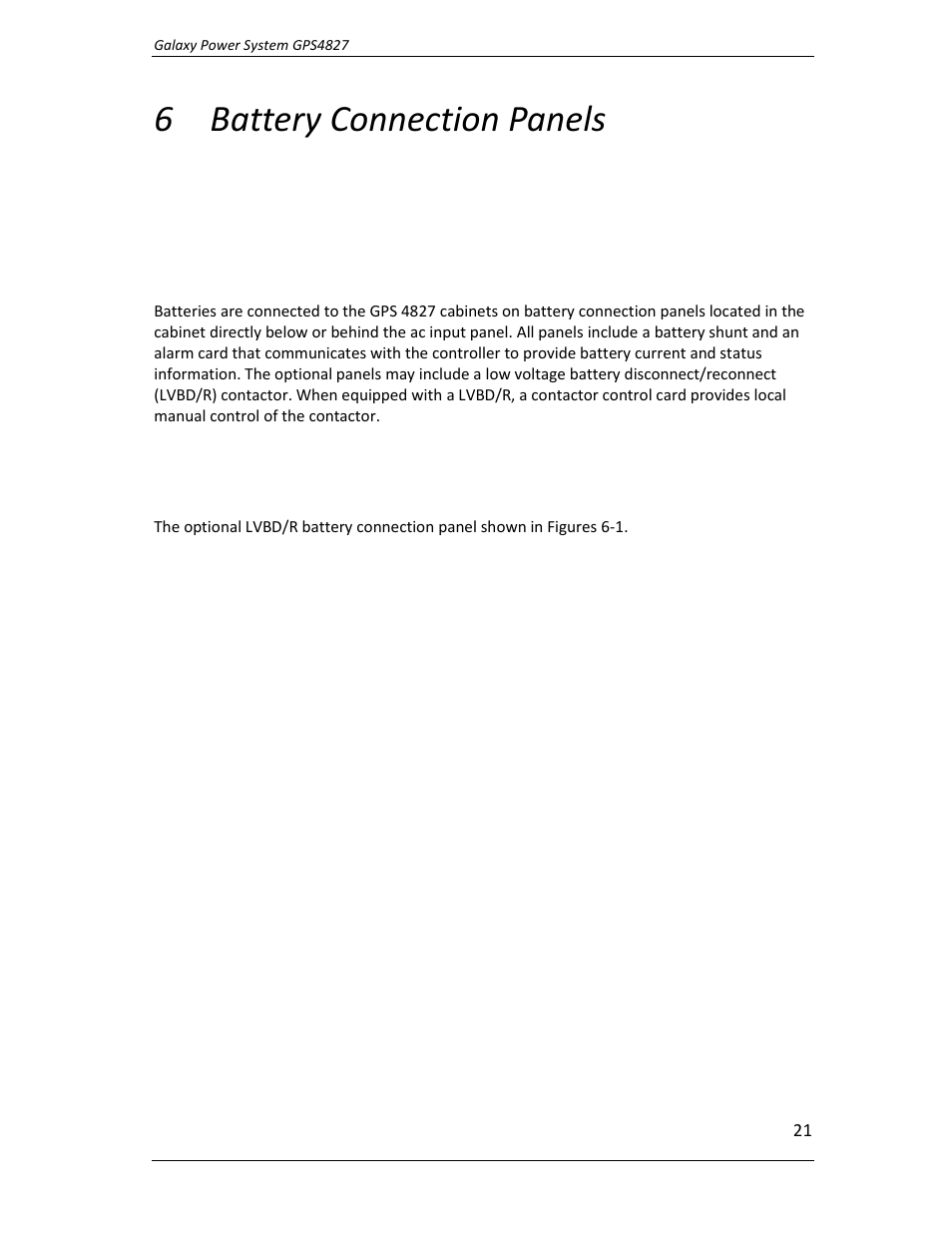 Battery connection panels, 6 battery connection panels, Overview | GE Industrial Solutions GPS4827 User Manual | Page 23 / 100