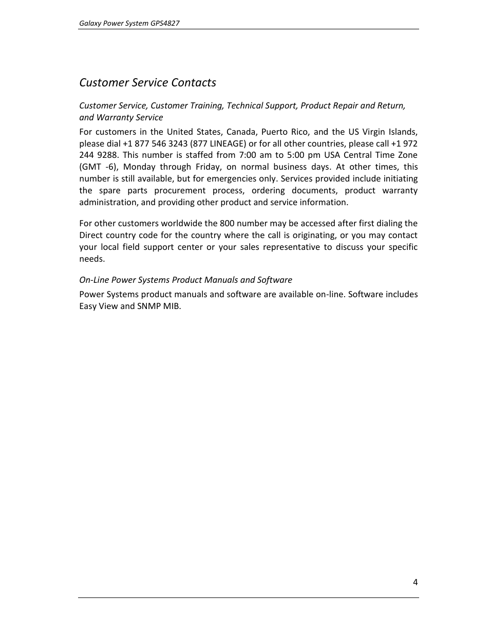 Customer service contacts | GE Industrial Solutions GPS4827 User Manual | Page 6 / 100