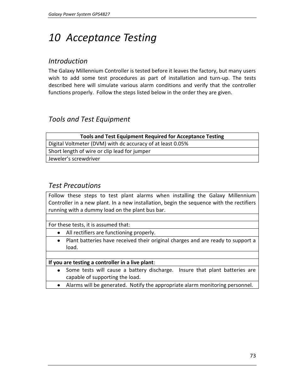 Acceptance testing, Introduction, Tools and test equipment | Test precautions, 10 acceptance testing | GE Industrial Solutions GPS4827 User Manual | Page 75 / 100