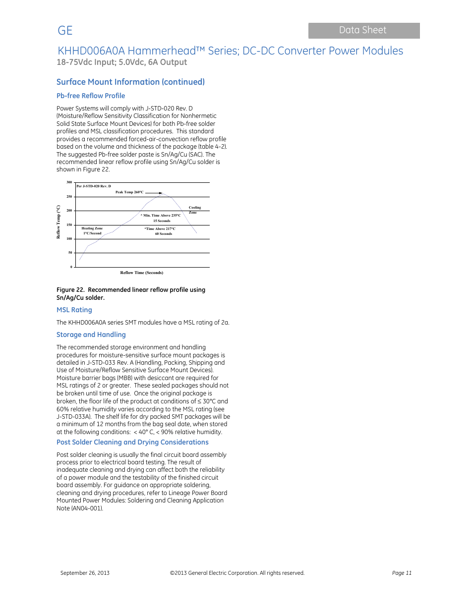 Data sheet, Surface mount information (continued) | GE Industrial Solutions KHHD006A0A Hammerhead Series User Manual | Page 11 / 16