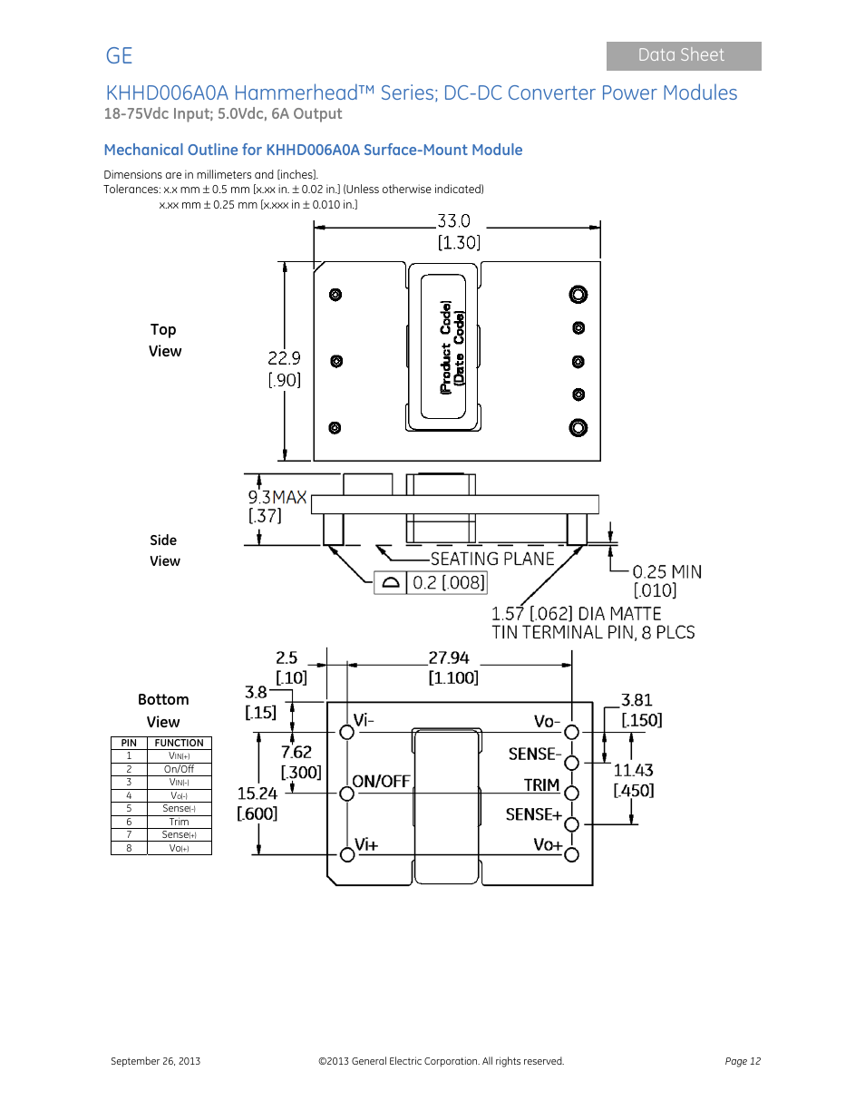 Data sheet, Top view, Bottom view | GE Industrial Solutions KHHD006A0A Hammerhead Series User Manual | Page 12 / 16