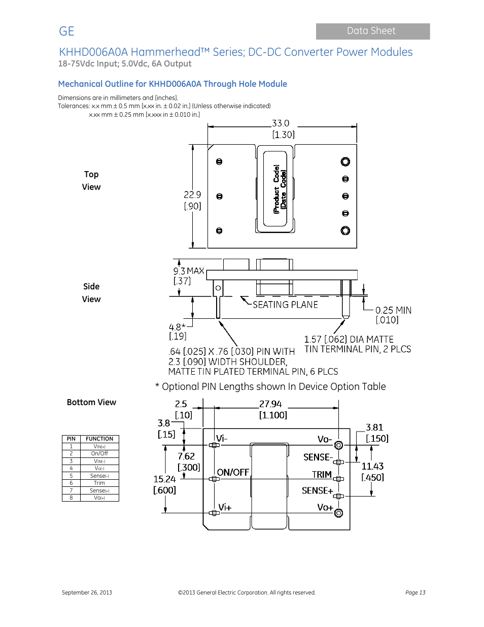Data sheet, Optional pin lengths shown in device option table | GE Industrial Solutions KHHD006A0A Hammerhead Series User Manual | Page 13 / 16
