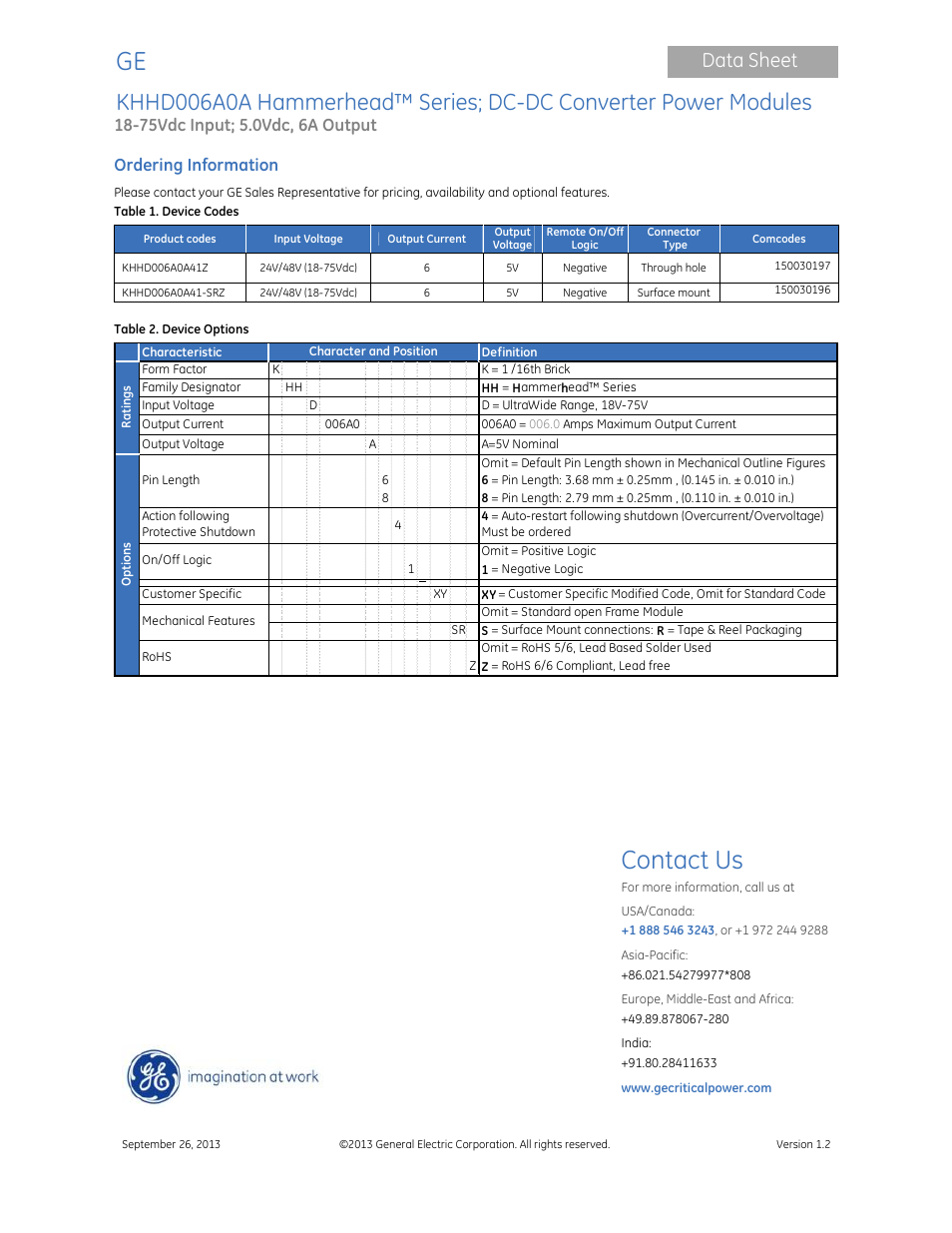 Contact us, Data sheet, Ordering information | GE Industrial Solutions KHHD006A0A Hammerhead Series User Manual | Page 16 / 16