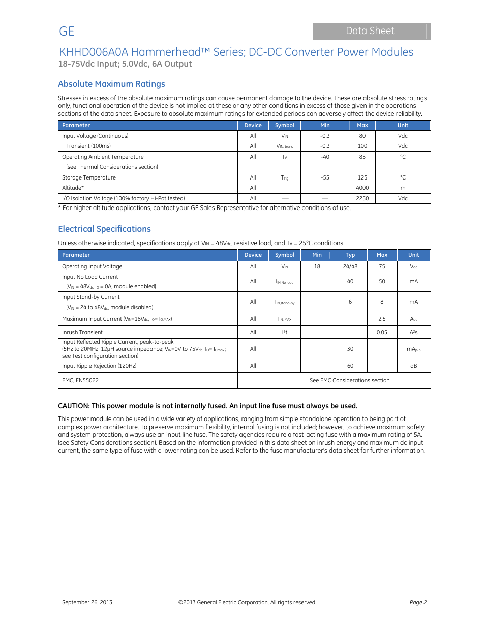 Data sheet, Absolute maximum ratings, Electrical specifications | GE Industrial Solutions KHHD006A0A Hammerhead Series User Manual | Page 2 / 16