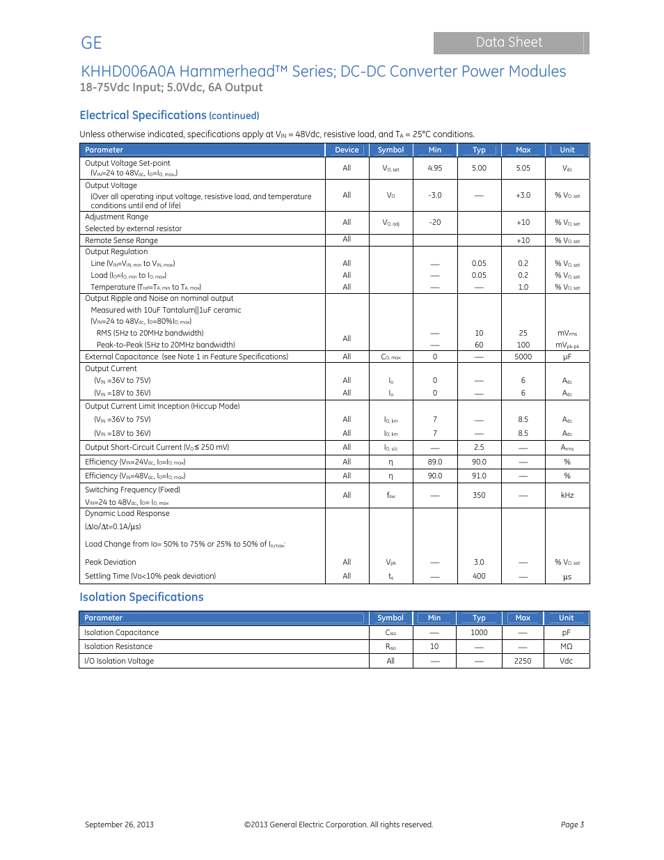 Data sheet, Electrical specifications, Isolation specifications | Continued) | GE Industrial Solutions KHHD006A0A Hammerhead Series User Manual | Page 3 / 16