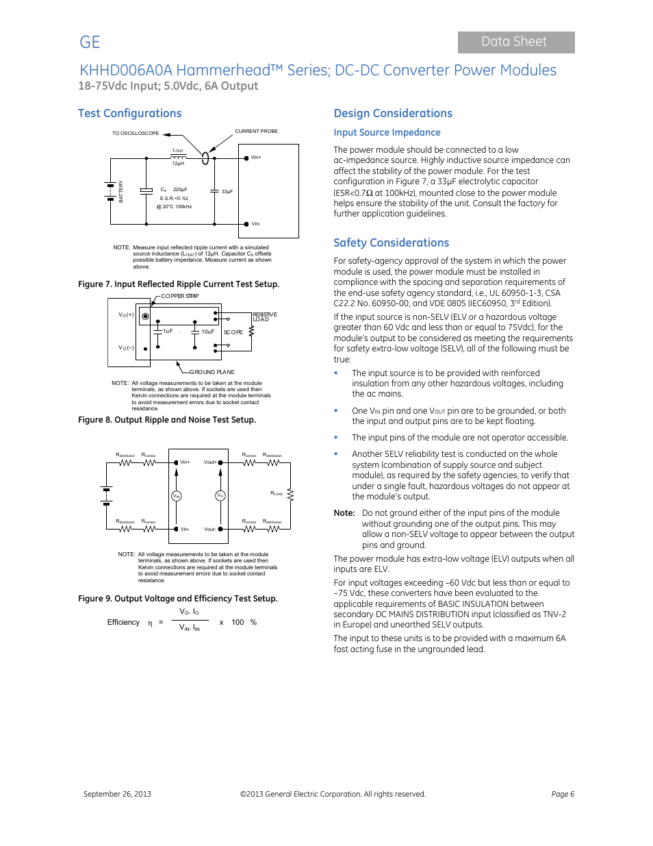 Data sheet, Test configurations, Design considerations | Safety considerations, Input source impedance, Figure 8. output ripple and noise test setup, Figure 9. output voltage and efficiency test setup, Pin and one v | GE Industrial Solutions KHHD006A0A Hammerhead Series User Manual | Page 6 / 16