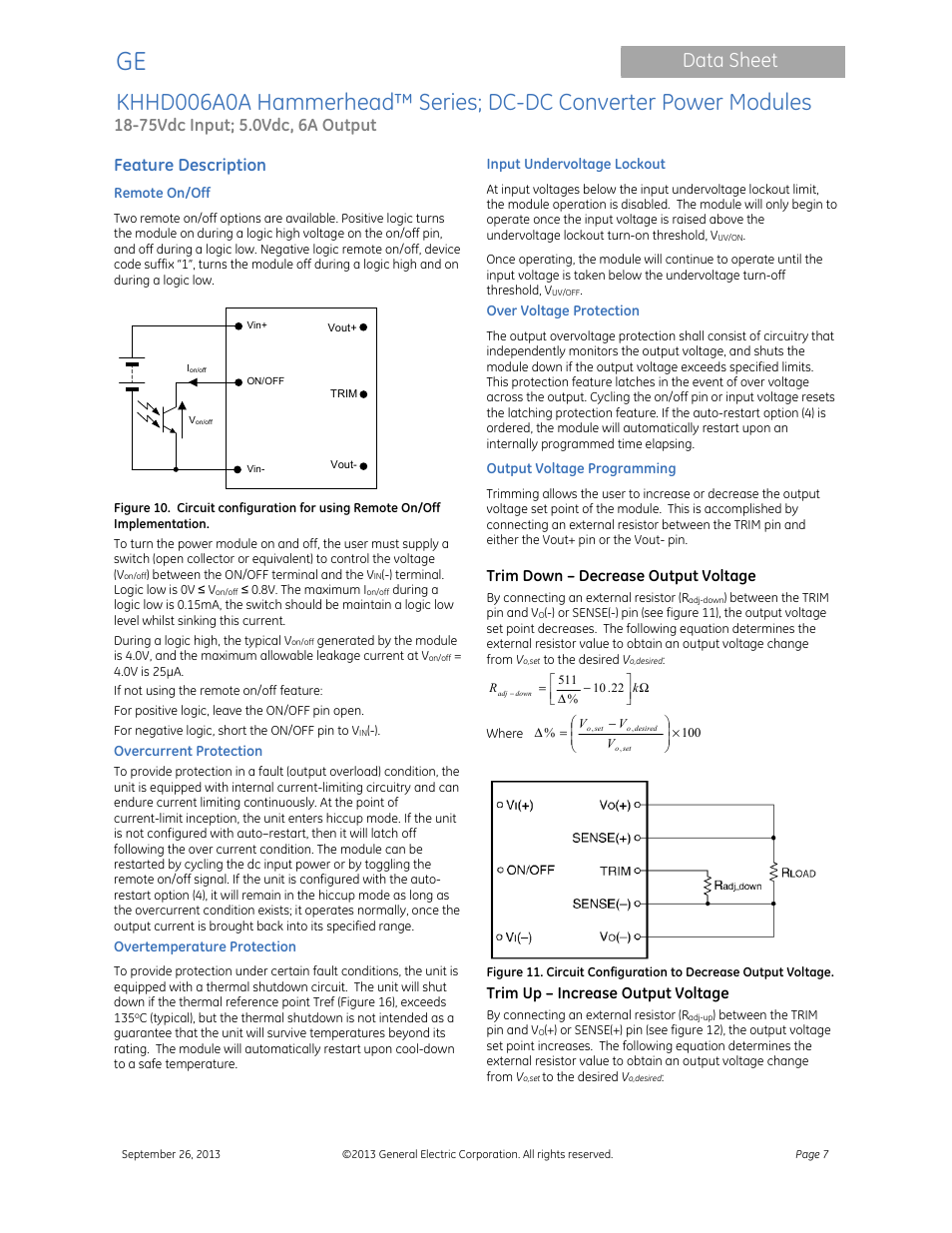 Data sheet, Feature description, Trim down – decrease output voltage | Trim up – increase output voltage | GE Industrial Solutions KHHD006A0A Hammerhead Series User Manual | Page 7 / 16
