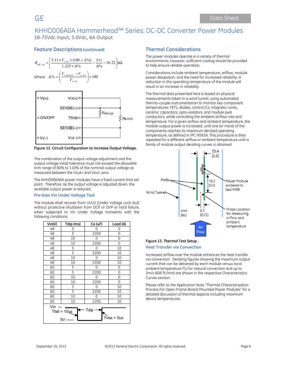 Data sheet, Feature descriptions, Thermal considerations | GE Industrial Solutions KHHD006A0A Hammerhead Series User Manual | Page 8 / 16