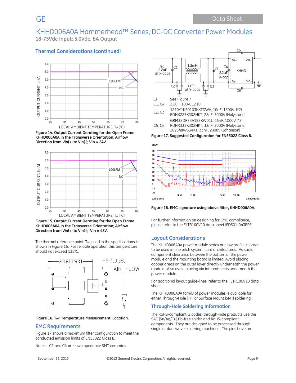 Data sheet, Thermal considerations (continued), Emc requirements | Layout considerations | GE Industrial Solutions KHHD006A0A Hammerhead Series User Manual | Page 9 / 16