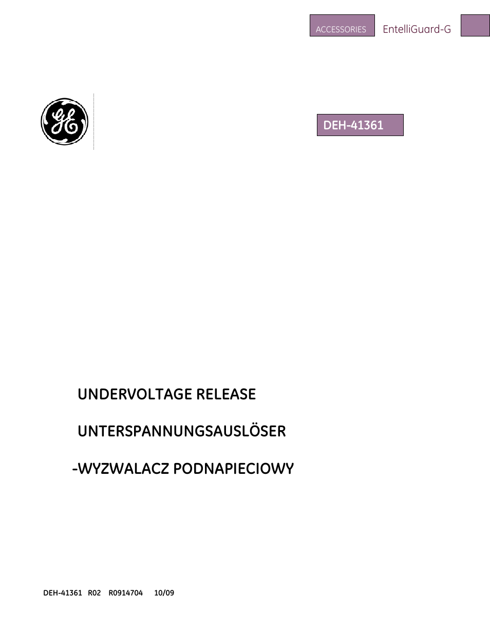 GE Industrial Solutions EntelliGuard G Undervoltage Release User Manual | 3 pages