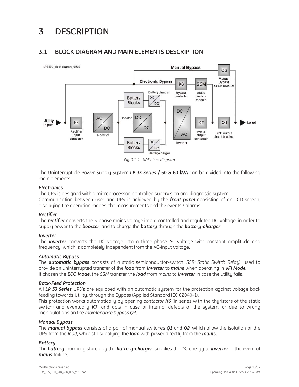 3 description, 1 block diagram and main elements description | GE Industrial Solutions LP 33 Series 50 & 60 kVA Operating Manual User Manual | Page 10 / 57
