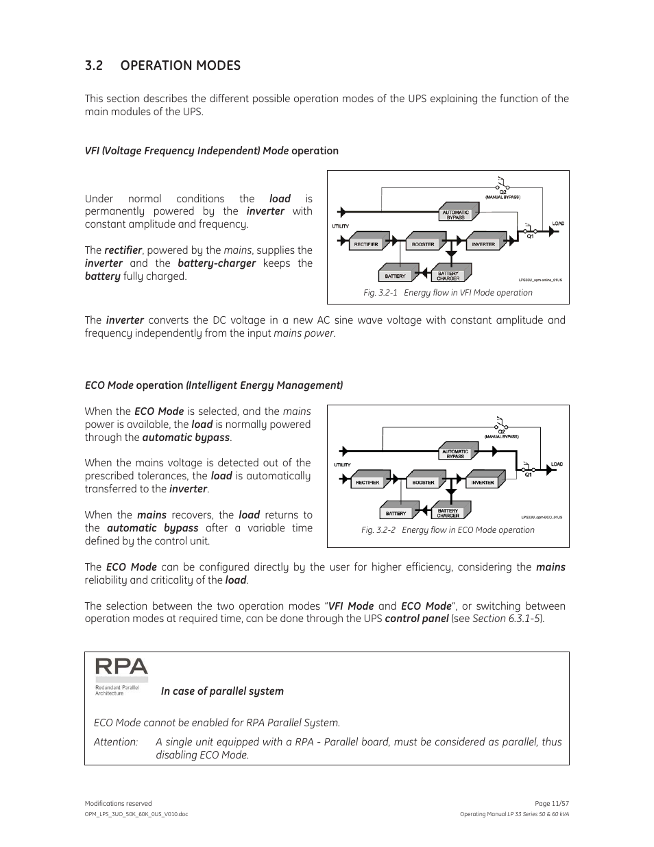 2 operation modes | GE Industrial Solutions LP 33 Series 50 & 60 kVA Operating Manual User Manual | Page 11 / 57