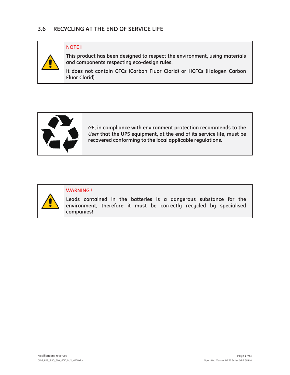 6 recycling at the end of service life | GE Industrial Solutions LP 33 Series 50 & 60 kVA Operating Manual User Manual | Page 17 / 57