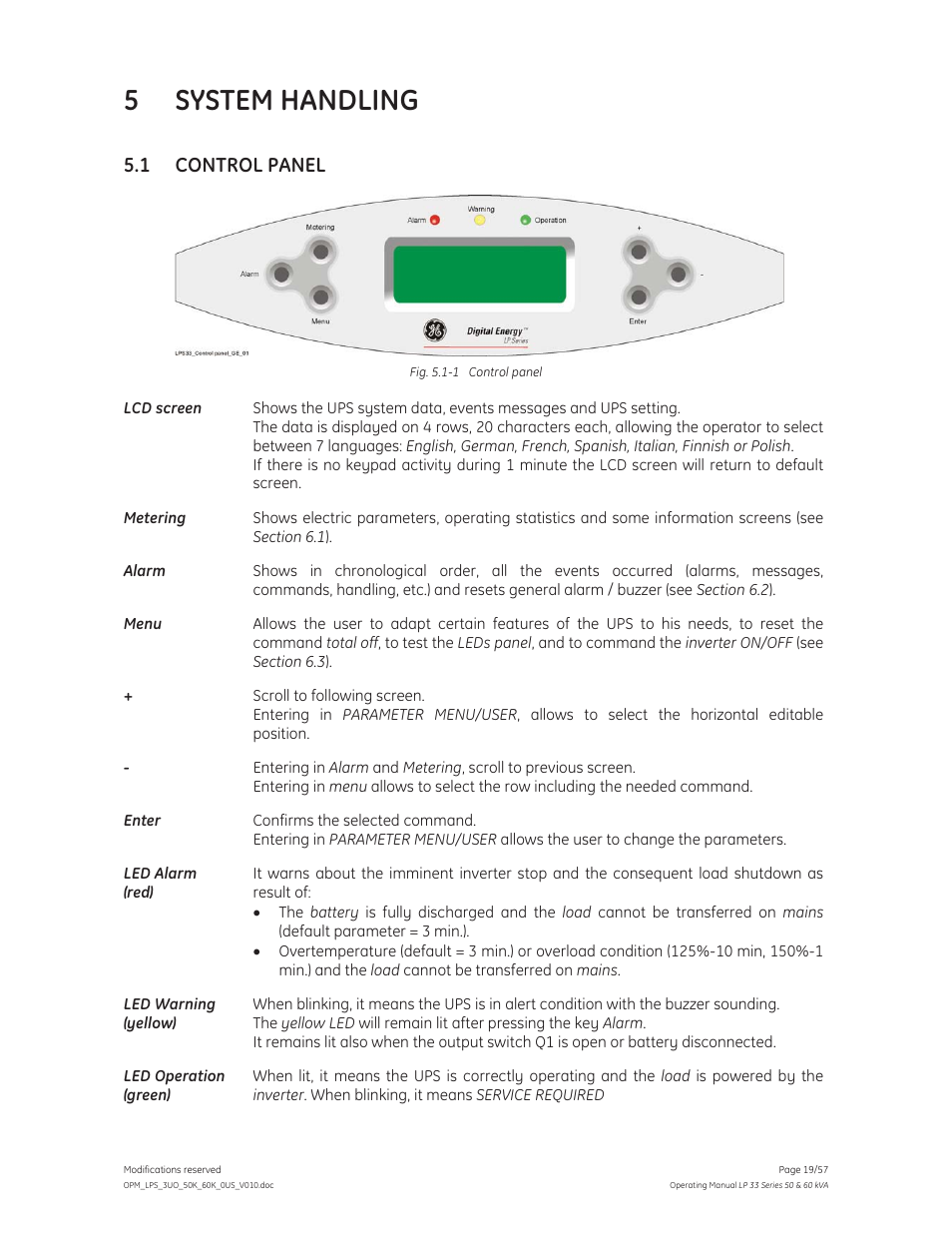 5 system handling, 1 control panel | GE Industrial Solutions LP 33 Series 50 & 60 kVA Operating Manual User Manual | Page 19 / 57