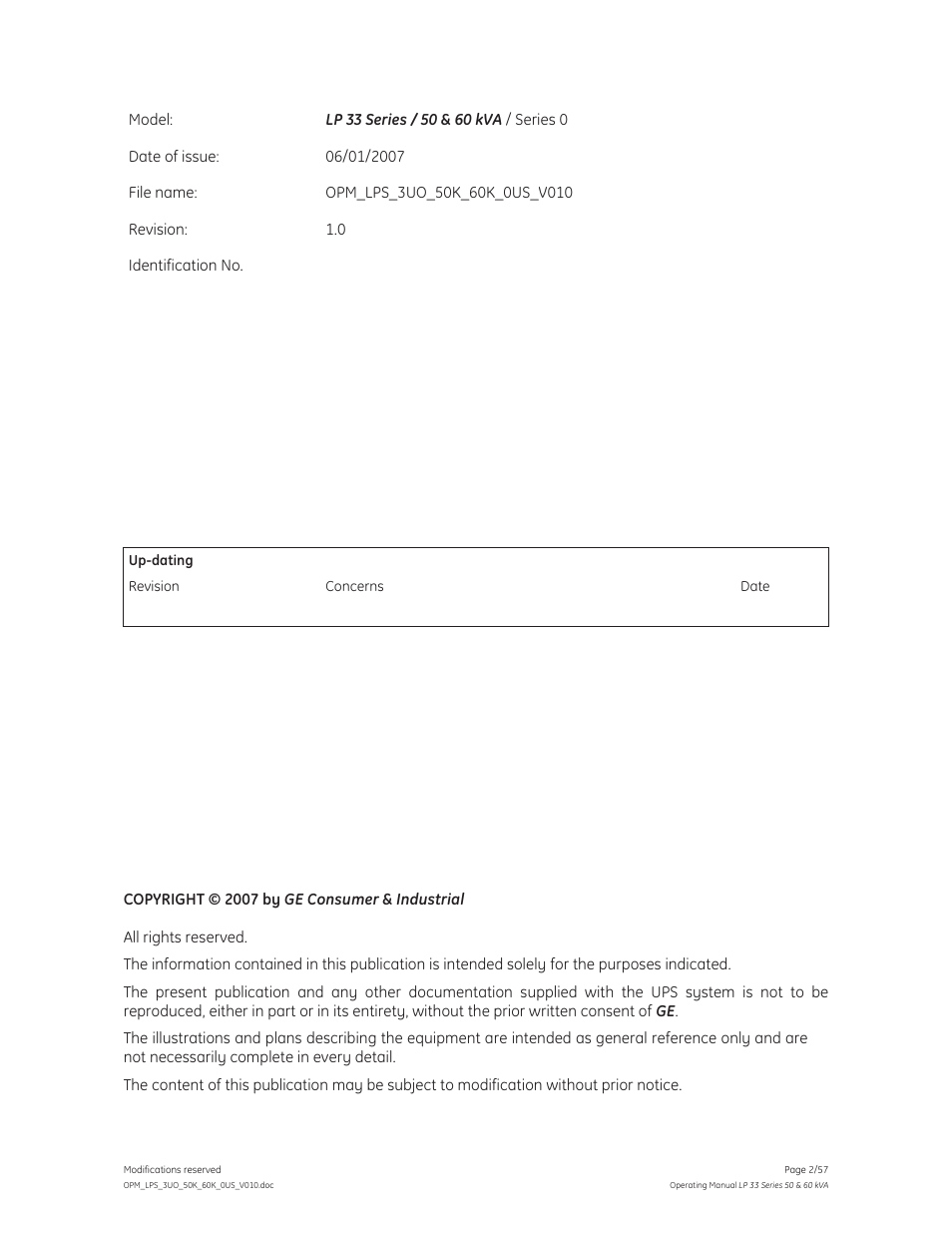 GE Industrial Solutions LP 33 Series 50 & 60 kVA Operating Manual User Manual | Page 2 / 57