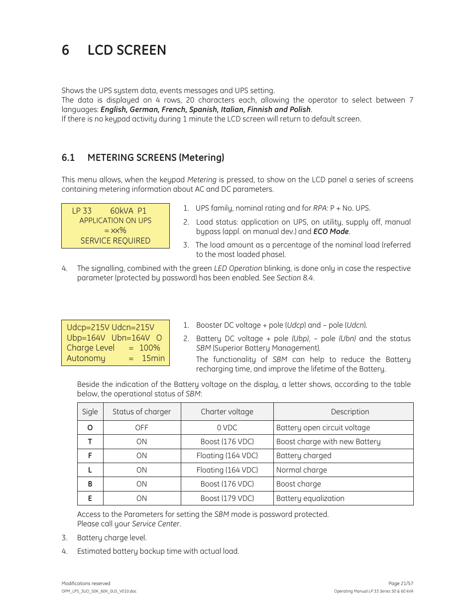 6 lcd screen, 1 metering screens (metering) | GE Industrial Solutions LP 33 Series 50 & 60 kVA Operating Manual User Manual | Page 21 / 57