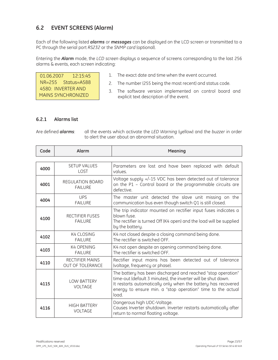 2 event screens (alarm) | GE Industrial Solutions LP 33 Series 50 & 60 kVA Operating Manual User Manual | Page 23 / 57