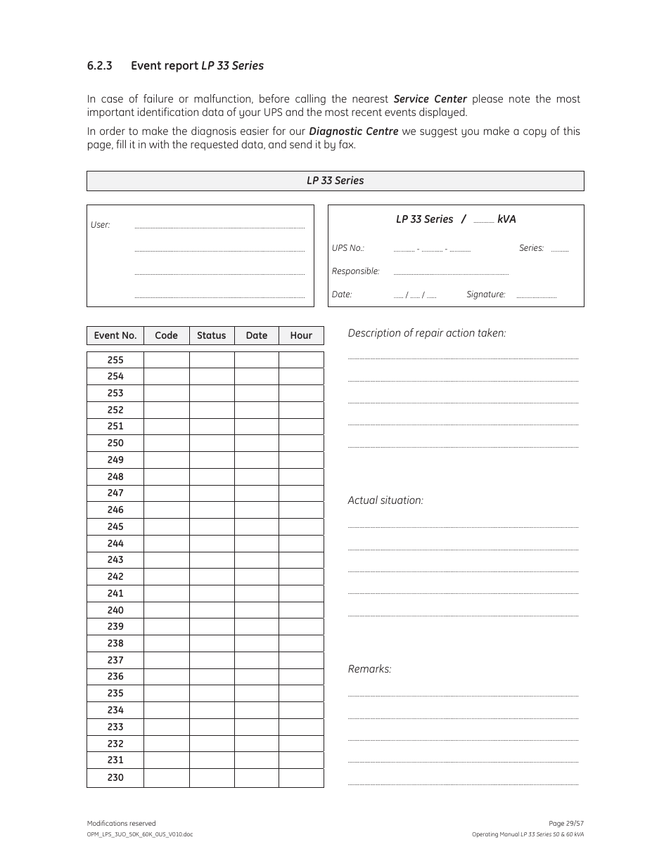 3 event report lp 33 series | GE Industrial Solutions LP 33 Series 50 & 60 kVA Operating Manual User Manual | Page 29 / 57