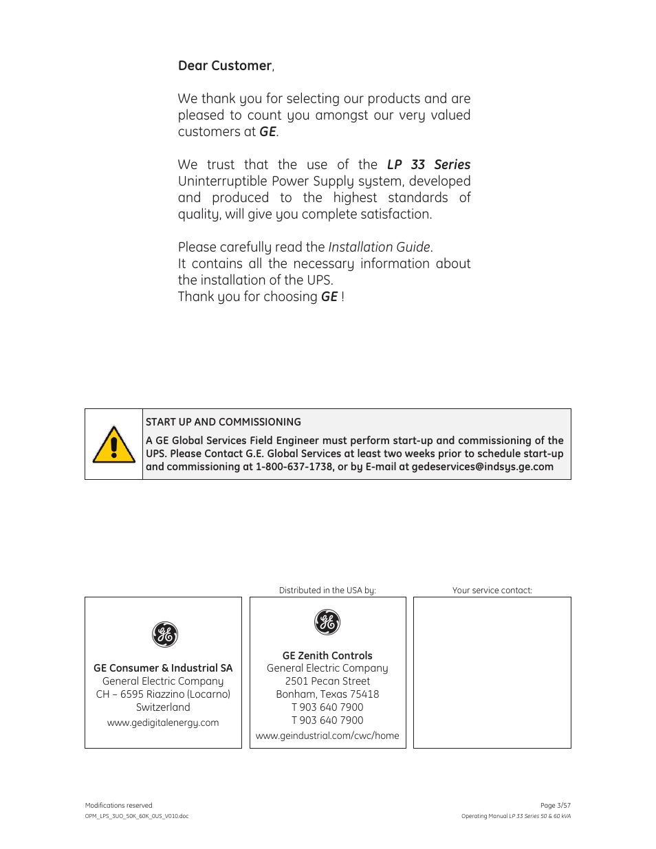 GE Industrial Solutions LP 33 Series 50 & 60 kVA Operating Manual User Manual | Page 3 / 57