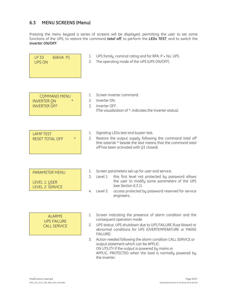 3 menu screens (menu) | GE Industrial Solutions LP 33 Series 50 & 60 kVA Operating Manual User Manual | Page 30 / 57